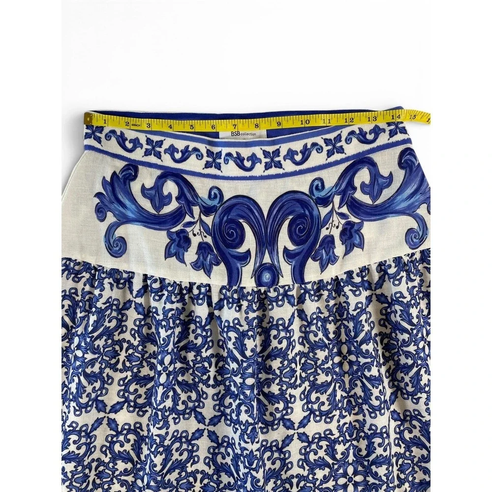 BSB Collection Blue White Majolica Print Tiered Ruffle Maxi Skirt Womens 42 US 6